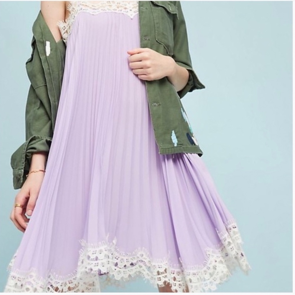 Anthropologie XS Moulinette Soeurs Pleated Lace Purple White Slip Mini Dress